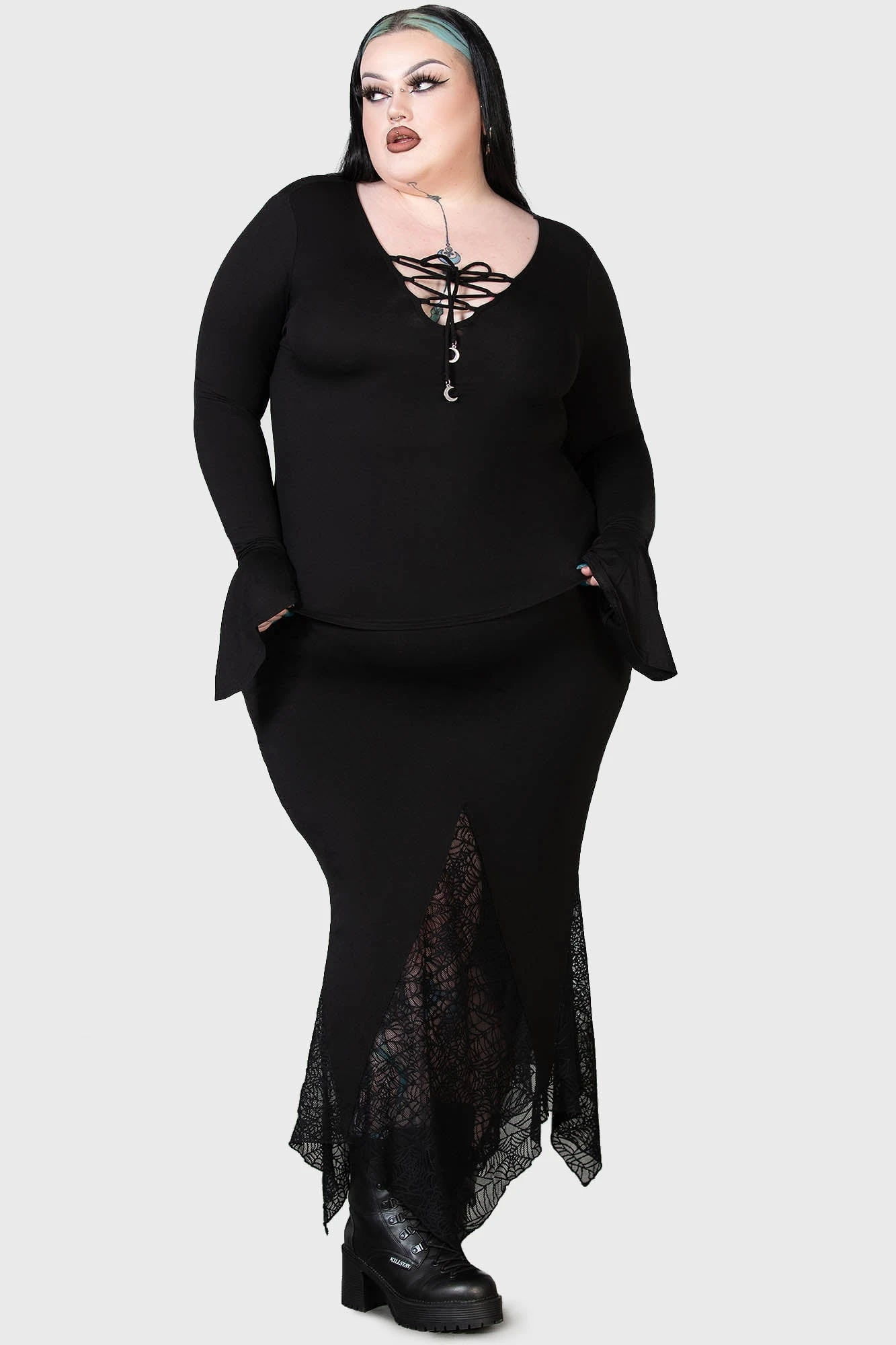 Killstar Auri Plus Size Lace-Up Top with Bell Sleeves 3 Killstar Auri Plus Size Lace-Up Top with Bell Sleeves - Image 3