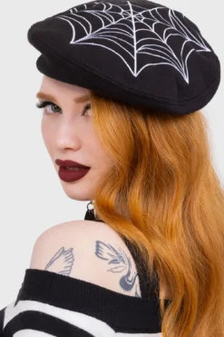 KILLSTAR Black Widow Beret Hat – Embroidered Web Detail -Kill Star Store BLACK WIDOW BERET HAT B