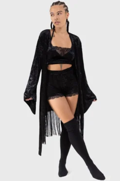 KILLSTAR Burnt Obsidian Crushed Velvet Robe with Fringe