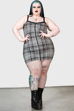 KILLSTAR Bury Me Bodycon Dress [PLUS] - Grey Tartan Gothic Style