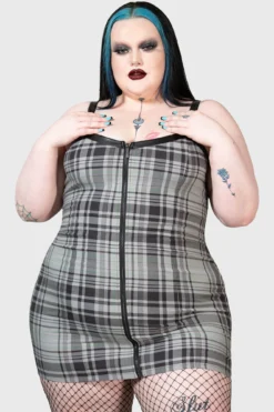 KILLSTAR Bury Me Bodycon Dress [PLUS] - Grey Tartan Gothic Style -Kill Star Store BURY ME BODYCON DRESS PLUS GREY W D