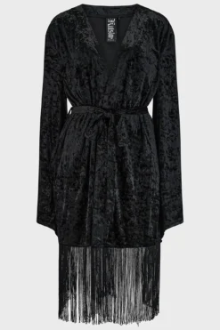 KILLSTAR Burnt Obsidian Crushed Velvet Robe with Fringe -Kill Star Store BurntObsidianRobe Black 1