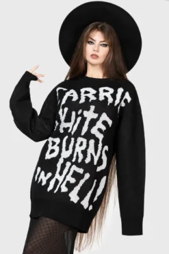 KILLSTAR x Carrie Official Knit Sweater - White Burns In Hell Graphic -Kill Star Store CARRIE SWEATER W D