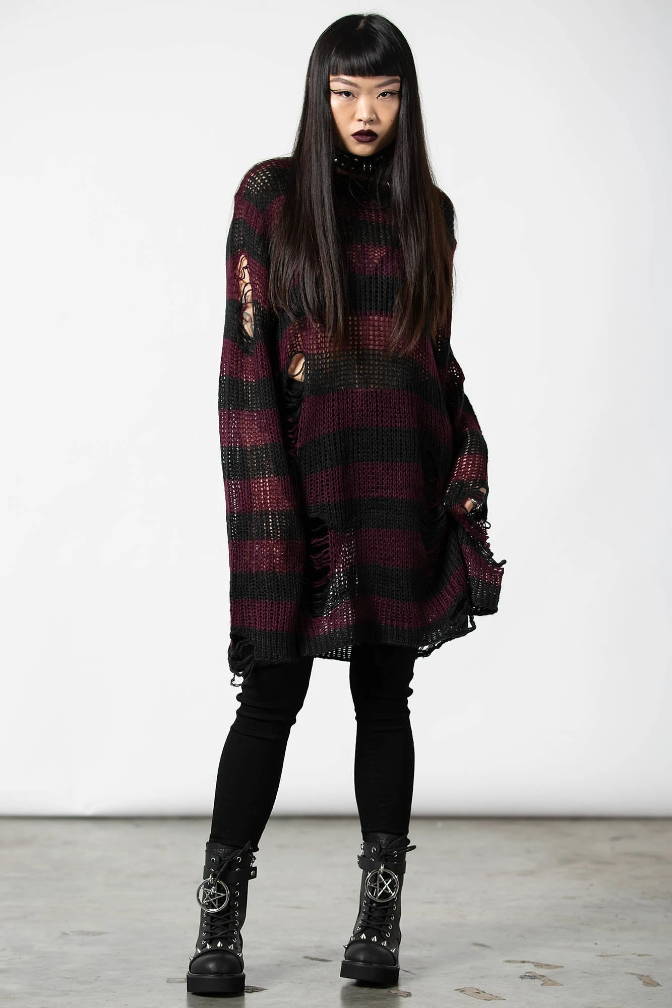 KILLSTAR Cassius Knit Sweater - Distressed Longline Striped Jumper 1 KILLSTAR Cassius Knit Sweater - Distressed Longline Striped Jumper