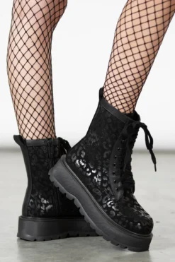 KILLSTAR Catfight Boots: Black on Black Leopard Platform