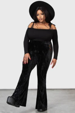 KILLSTAR Collect Your Wits Plus Size Embroidered Pumpkin Velour Flares -Kill Star Store COLLECT YOUR WITS FLARES PLUS W E