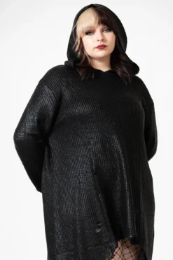 KILLSTAR Creed Foil Knit Hoodie [PLUS] - Distressed Metallic Knit -Kill Star Store CREED FOIL KNIT SWEATSHIRT PLUS W C