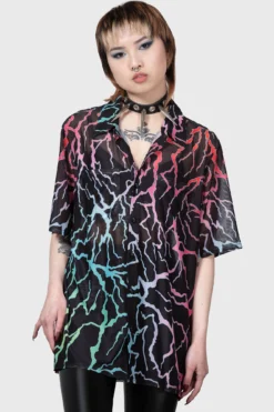 KILLSTAR Dawn Light Shirt - Rainbow Lightning Mesh Button-Down -Kill Star Store DAWN LIGHT SHIRT W C