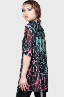 KILLSTAR Dawn Light Shirt - Rainbow Lightning Mesh Button-Down -Kill Star Store DAWN LIGHT SHIRT W D