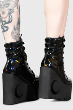 KILLSTAR Diana Crescent Wedge Boots [Black Holographic] -Kill Star Store DIANA CRESCENT WEDGE BLACK HOLOGRAPHIC W E c69acb43 273c 4669 a844 e2fb444b388d