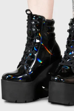 KILLSTAR Diana Crescent Wedge Boots [Black Holographic]