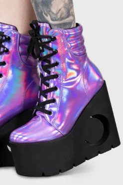 KILLSTAR Diana Purple Holographic Crescent Wedge Boots