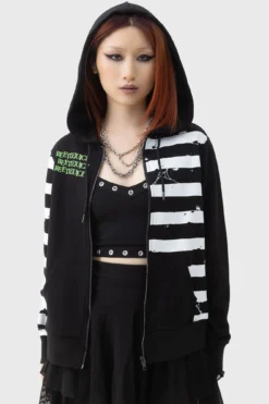 Killstar x Beetlejuice Distressed Stripe Zip Hoodie -Kill Star Store DISTRESSED STRIPE HOODIE W D