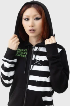Killstar x Beetlejuice Distressed Stripe Zip Hoodie -Kill Star Store DISTRESSED STRIPE HOODIE W E