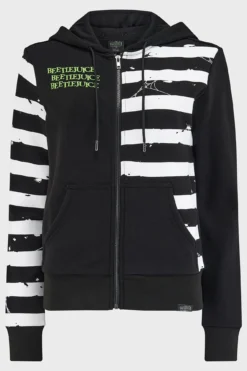 Killstar x Beetlejuice Distressed Stripe Zip Hoodie -Kill Star Store DistressedStripeHoodie BlackWhite 1