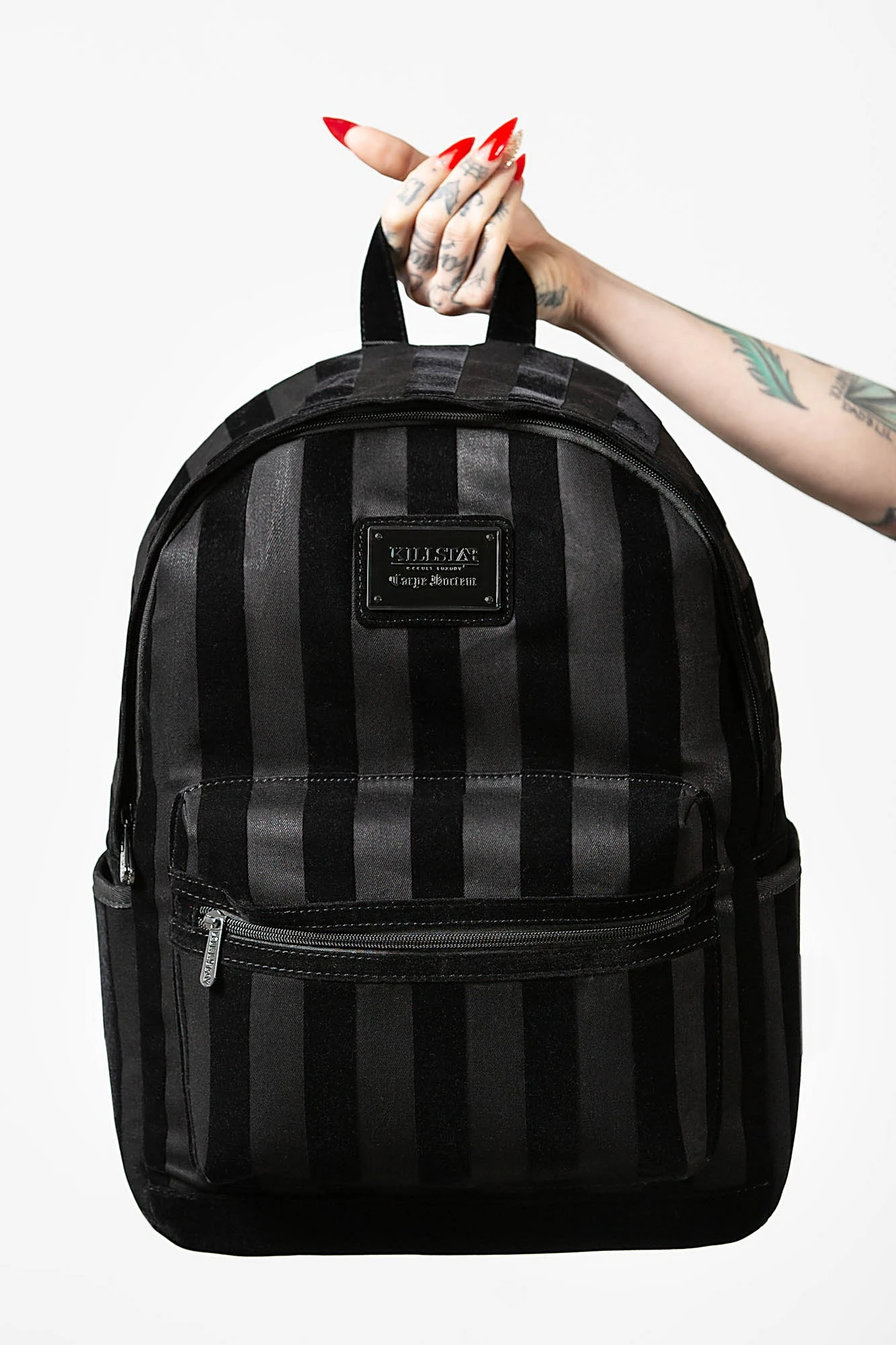 Killstar Earn Your Stripes Flocked Denim Backpack 2 Killstar Earn Your Stripes Flocked Denim Backpack - Image 2