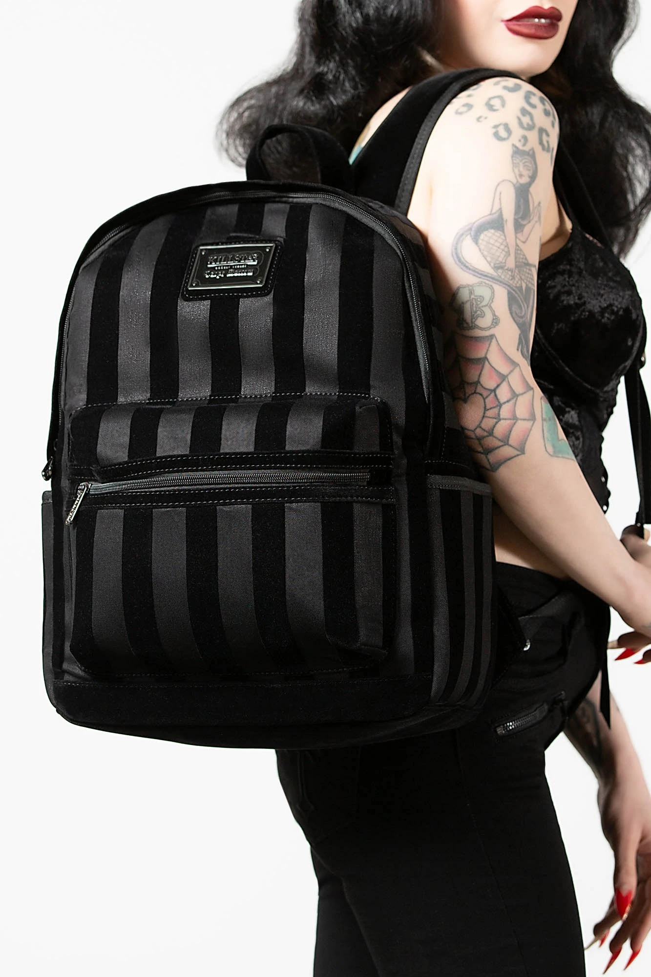 Killstar Earn Your Stripes Flocked Denim Backpack 1 Killstar Earn Your Stripes Flocked Denim Backpack