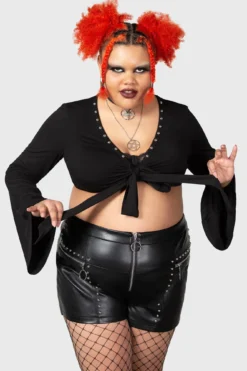 Killstar Elegy Plus Size Front Tie Top with Flared Sleeves