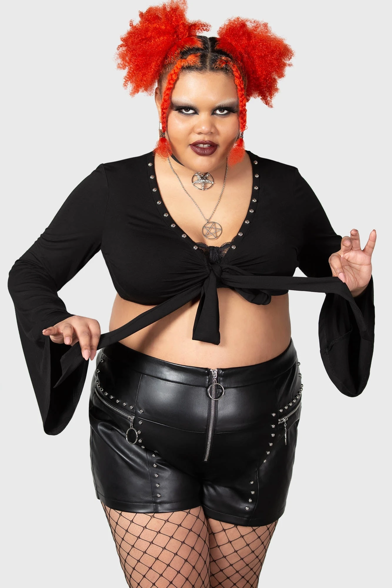 Killstar Elegy Plus Size Front Tie Top with Flared Sleeves 1 Killstar Elegy Plus Size Front Tie Top with Flared Sleeves
