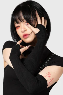 Killstar Elvyne Distressed Ribbed Gloves with Thumbholes