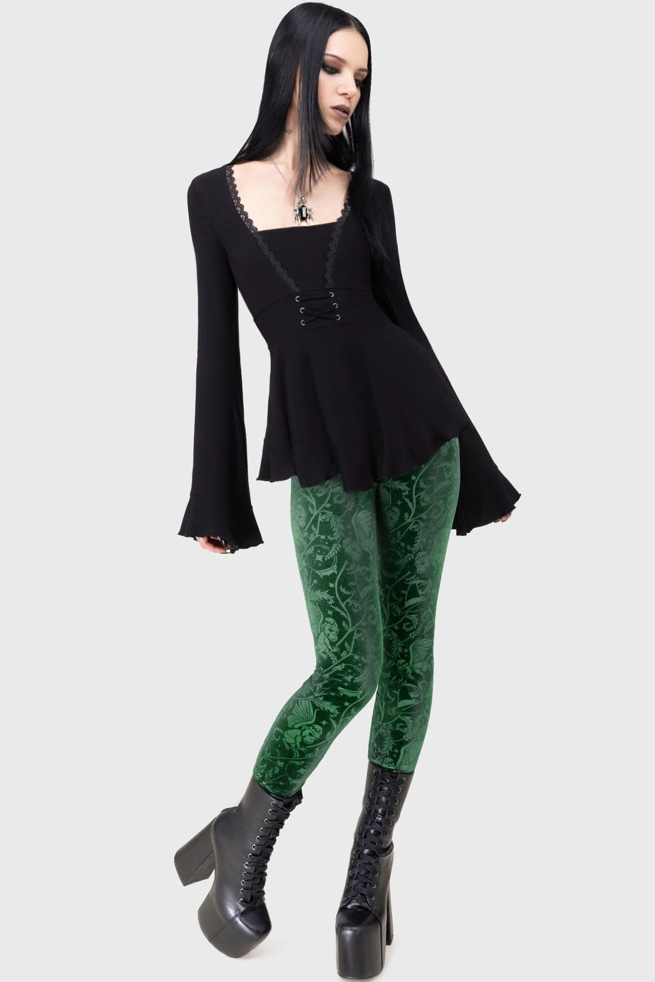 KILLSTAR Emerald Envy Leggings - Embossed Velvet High Waisted 1 KILLSTAR Emerald Envy Leggings - Embossed Velvet High Waisted