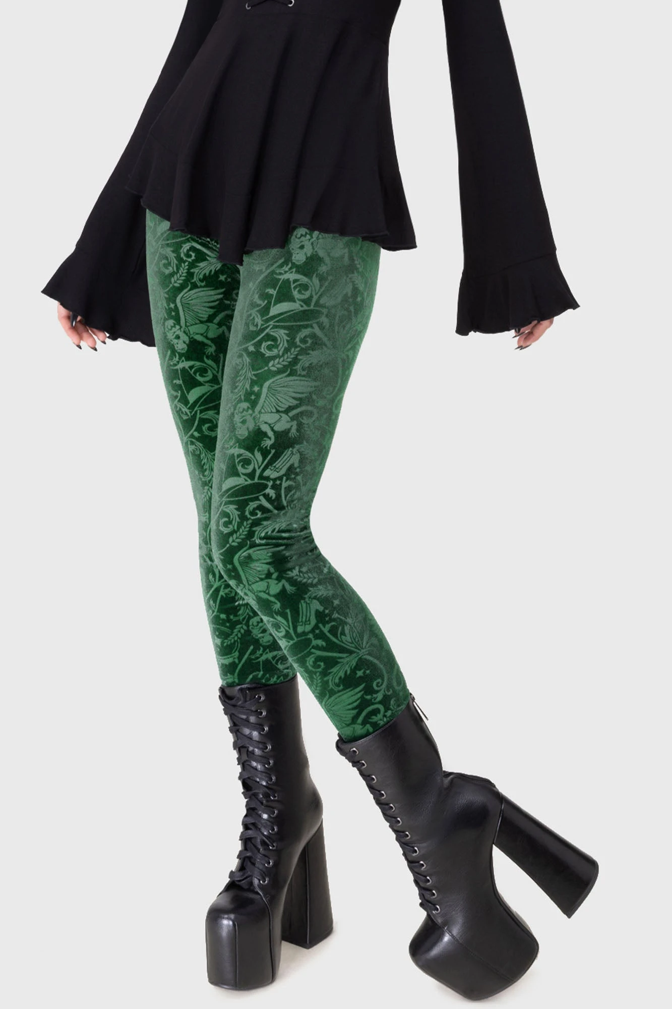 KILLSTAR Emerald Envy Leggings - Embossed Velvet High Waisted 2 KILLSTAR Emerald Envy Leggings - Embossed Velvet High Waisted - Image 2