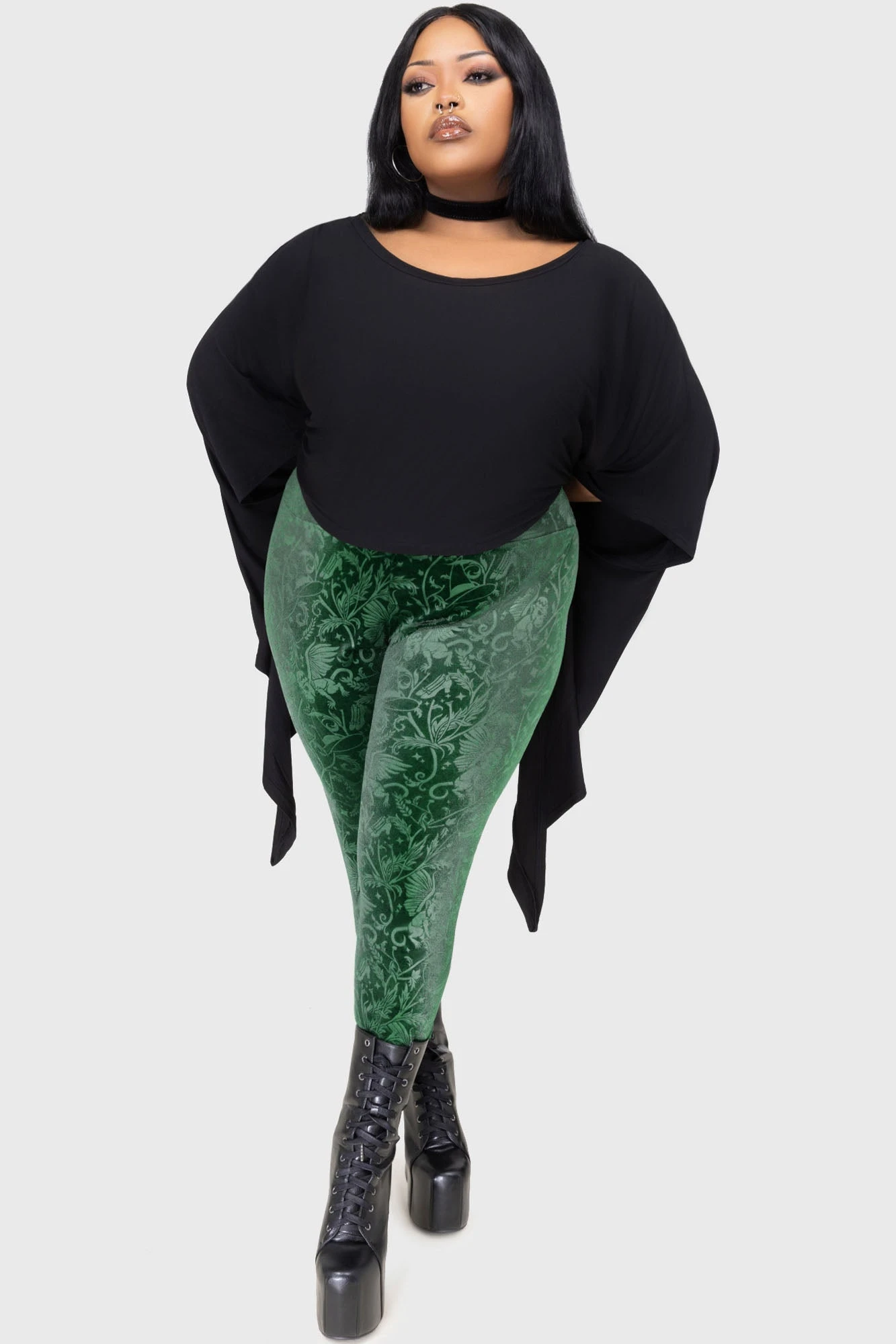 KILLSTAR Emerald Envy Leggings - Embossed Velvet High Waisted 3 KILLSTAR Emerald Envy Leggings - Embossed Velvet High Waisted - Image 3