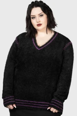 KILLSTAR Emiliana Sweater [PLUS] - Faux Mohair V-Neck with Purple Stitching