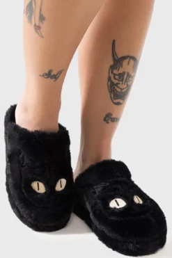 Killstar Familiar Woods Slippers - Faux Fur Cat Eye Sliders