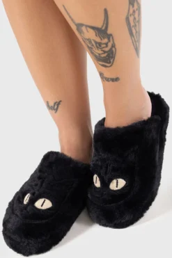 Killstar Familiar Woods Slippers - Faux Fur Cat Eye Sliders -Kill Star Store FAMILIARWOODSSLIPPERS W C