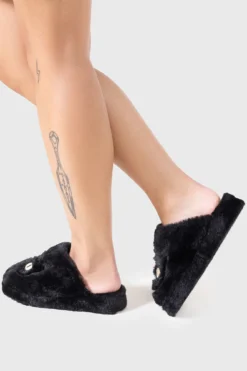 Killstar Familiar Woods Slippers - Faux Fur Cat Eye Sliders -Kill Star Store FAMILIARWOODSSLIPPERS W D