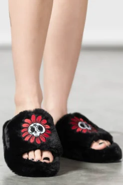 Killstar Gloomy Daze Fur Slippers - Plush Gothic Slip-Ons -Kill Star Store GLOOMY DAZE FUR SLIPPERS W D