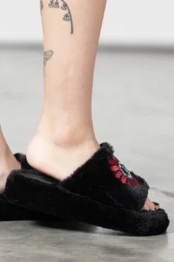 Killstar Gloomy Daze Fur Slippers - Plush Gothic Slip-Ons -Kill Star Store GLOOMY DAZE FUR SLIPPERS W F