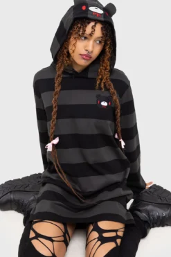 KILLSTAR Harajuku Hooded Dress - Striped Gothic Mini Dress