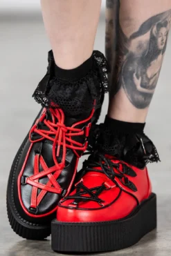 Killstar Hexellent Mismatched Creepers - Black & Red Platform Shoes