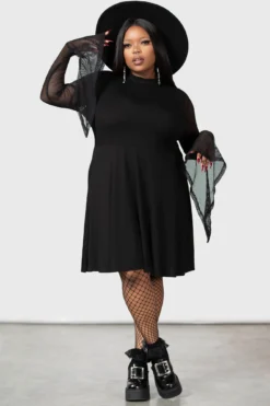 KILLSTAR Lana Skater Dress [Plus Size] - Fishnet Bell Sleeves -Kill Star Store LANA SKATER DRESS PLUS W D