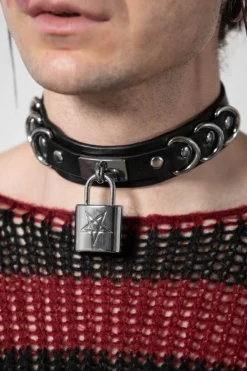 KILLSTAR Lock N' Load Padlock Choker - Gothic Pentagram Faux Leather Jewelry
