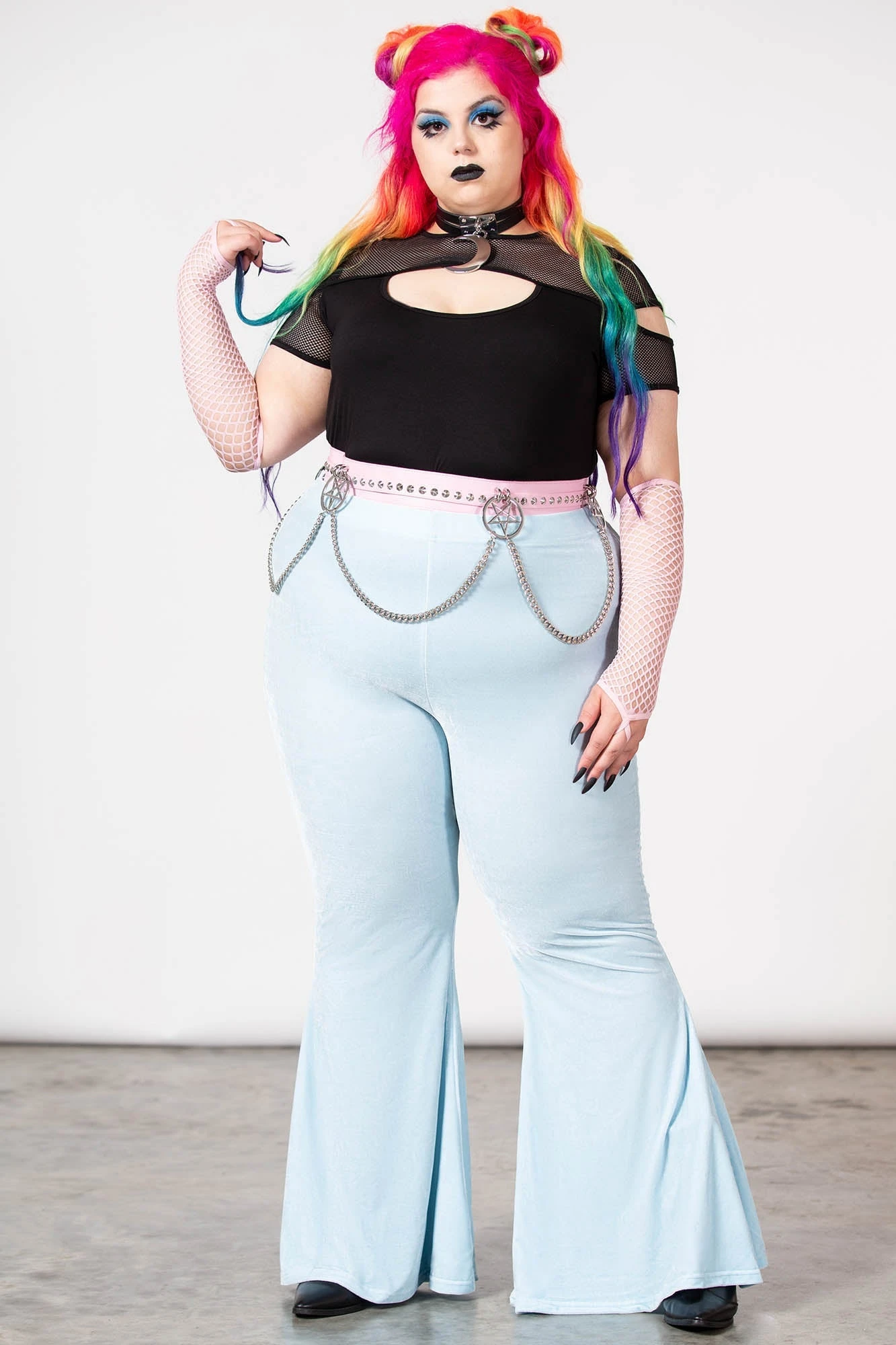 KILLSTAR Moondance Velvet Bell Bottoms - Pastel Blue Plus Size 2 KILLSTAR Moondance Velvet Bell Bottoms - Pastel Blue Plus Size - Image 2