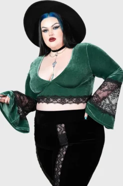 KILLSTAR Naomi Green Velvet Long Sleeve Top - Plus Size