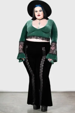 KILLSTAR Naomi Green Velvet Long Sleeve Top - Plus Size -Kill Star Store NAOMI LONG SLEEVE TOP DARK GREEN PLUS W D