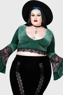 KILLSTAR Naomi Green Velvet Long Sleeve Top - Plus Size -Kill Star Store NAOMI LONG SLEEVE TOP DARK GREEN PLUS W E