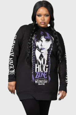 KILLSTAR x Wednesday No-Hug Zone Longline Hoodie [Plus Size] -Kill Star Store NO HUG ZONE LONGLINE HOODIE PLUS W D