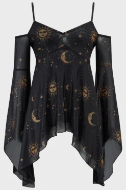 KILLSTAR Nocturnova Celestial Mesh Top with Flared Sleeves -Kill Star Store NocturnovaTop BlackGold 1