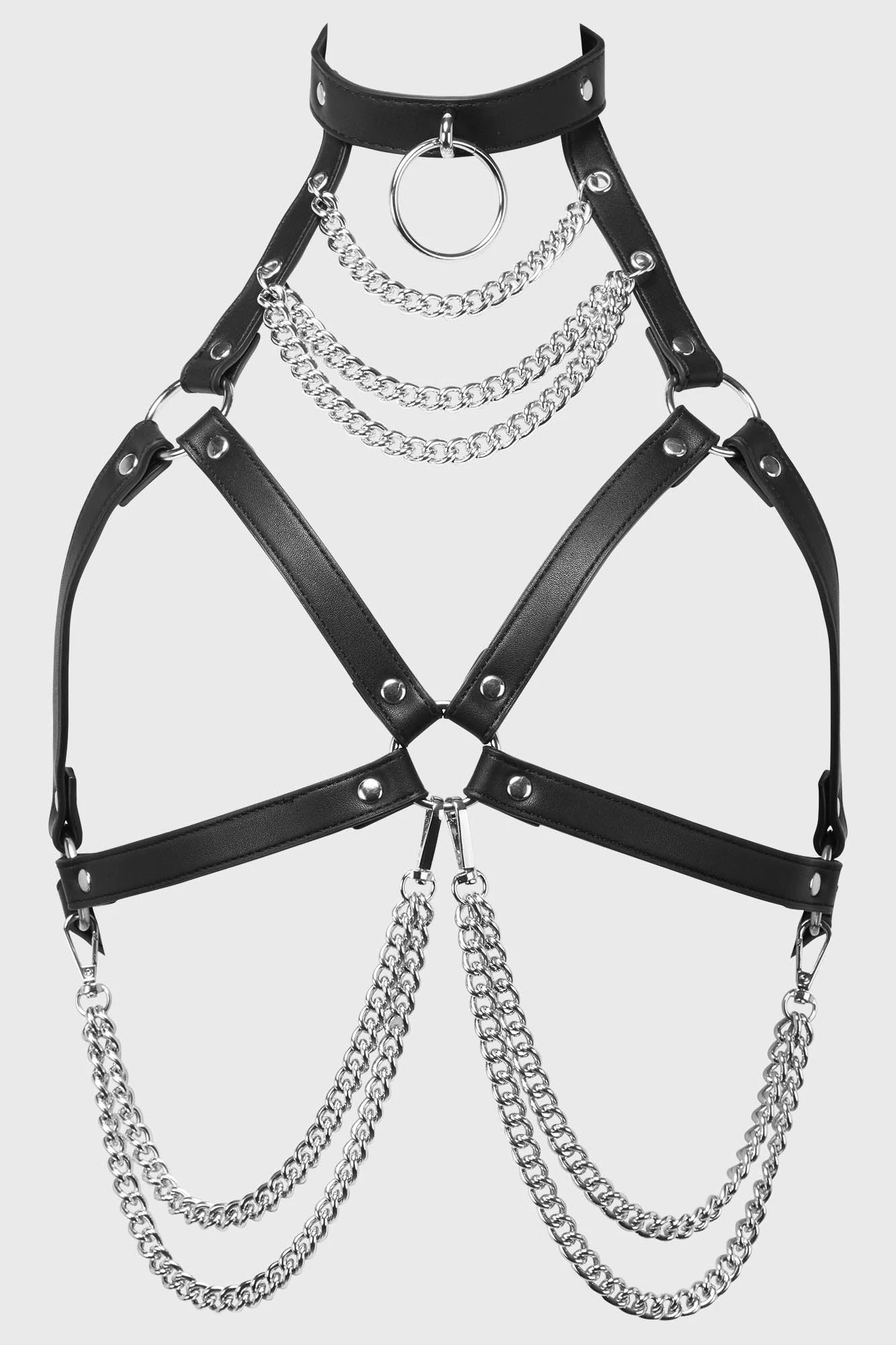 Faux Leather Body Harness with O-Ring Collar and Detachable Chains 2 Faux Leather Body Harness with O-Ring Collar and Detachable Chains - Image 2
