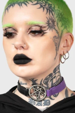 KILLSTAR Penta Half Choker [Black/Purple] - Pentagram Faux Leather Choker