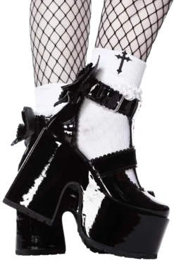 KILLSTAR Pricilla Platforms - Gothic Faux Leather Bow Heels