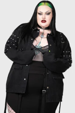 KILLSTAR Punktured Studded Denim Shacket [PLUS] -Kill Star Store PUNKTURED SHACKET PLUS W E