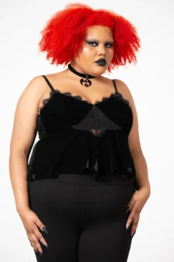 Killstar Quartz Night Velvet Plus Size Peplum Top with Lace Trim