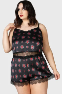 KILLSTAR Rosalind Plus Size Gothic Satin Shorts with Lace Trim