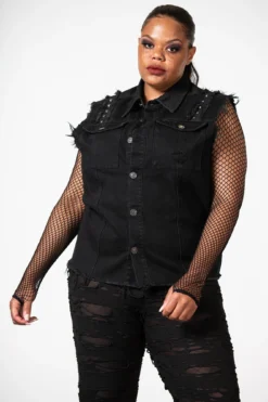 KILLSTAR Ruse Distressed Studded Denim Vest [Plus Size]